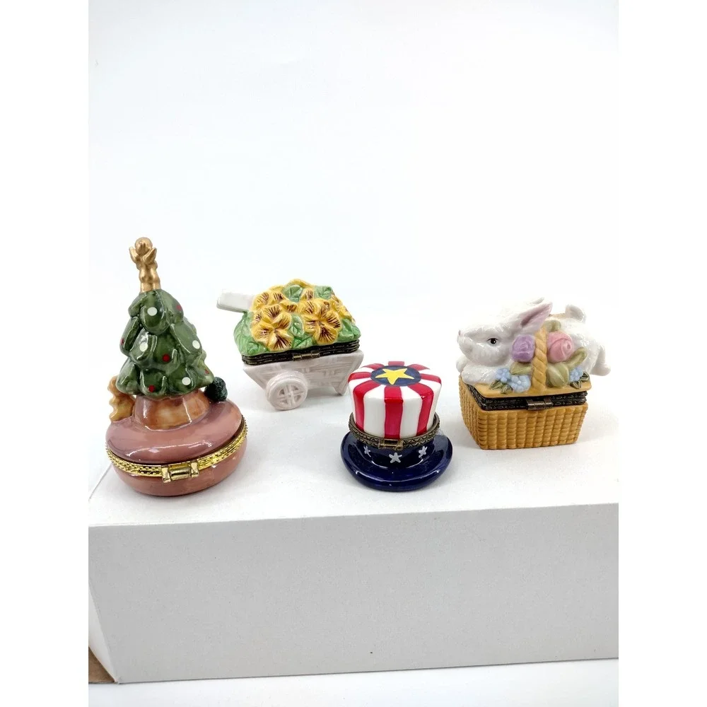 Vintage Porcelain Hinged Trinket Box Lot Christmas Bunny Patriotic Floral 4pc